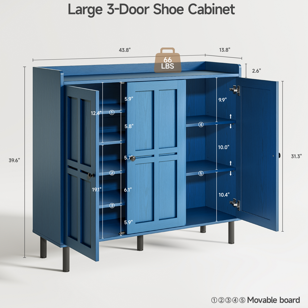 Freestanding Shoe Cabinet with 3 Doors and Shelves