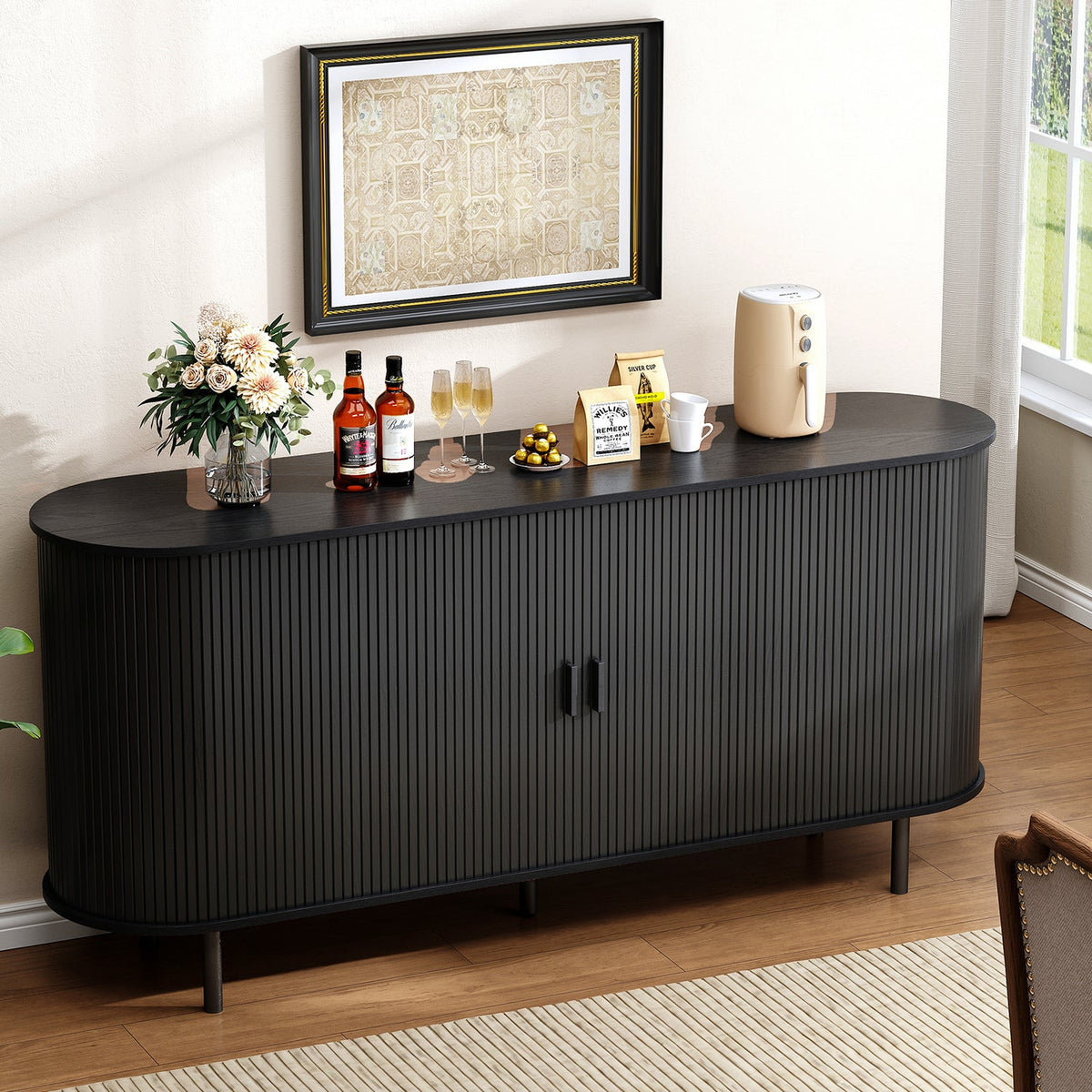 63 Inch Fluted Buffet Sideboard Coffee Bar Cabinet