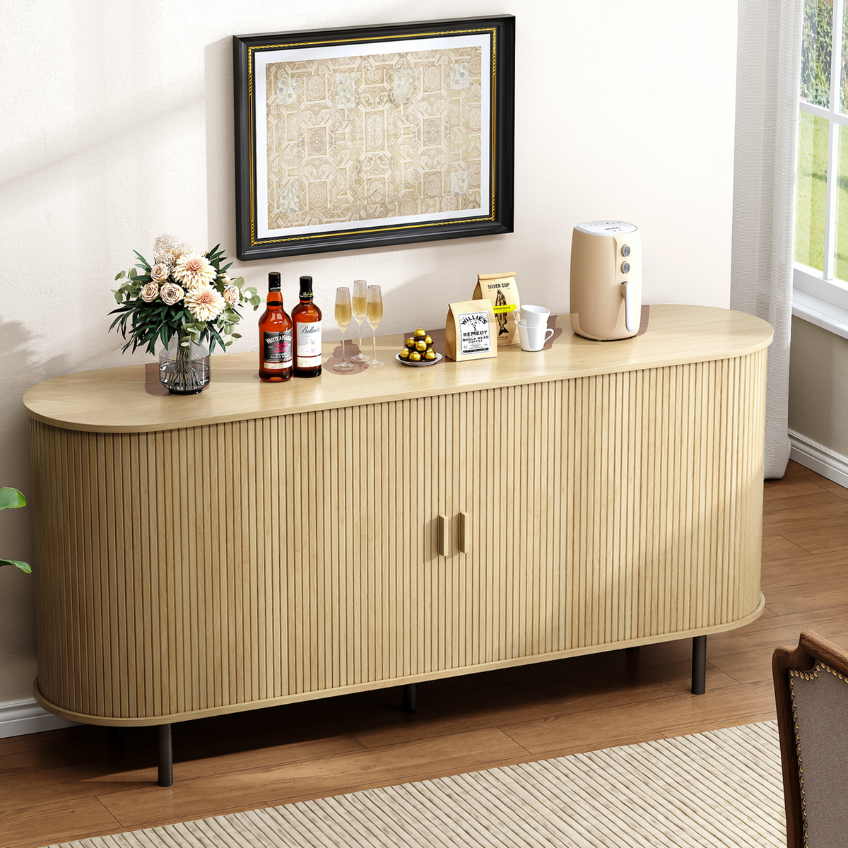 63 Inch Fluted Buffet Sideboard Coffee Bar Cabinet