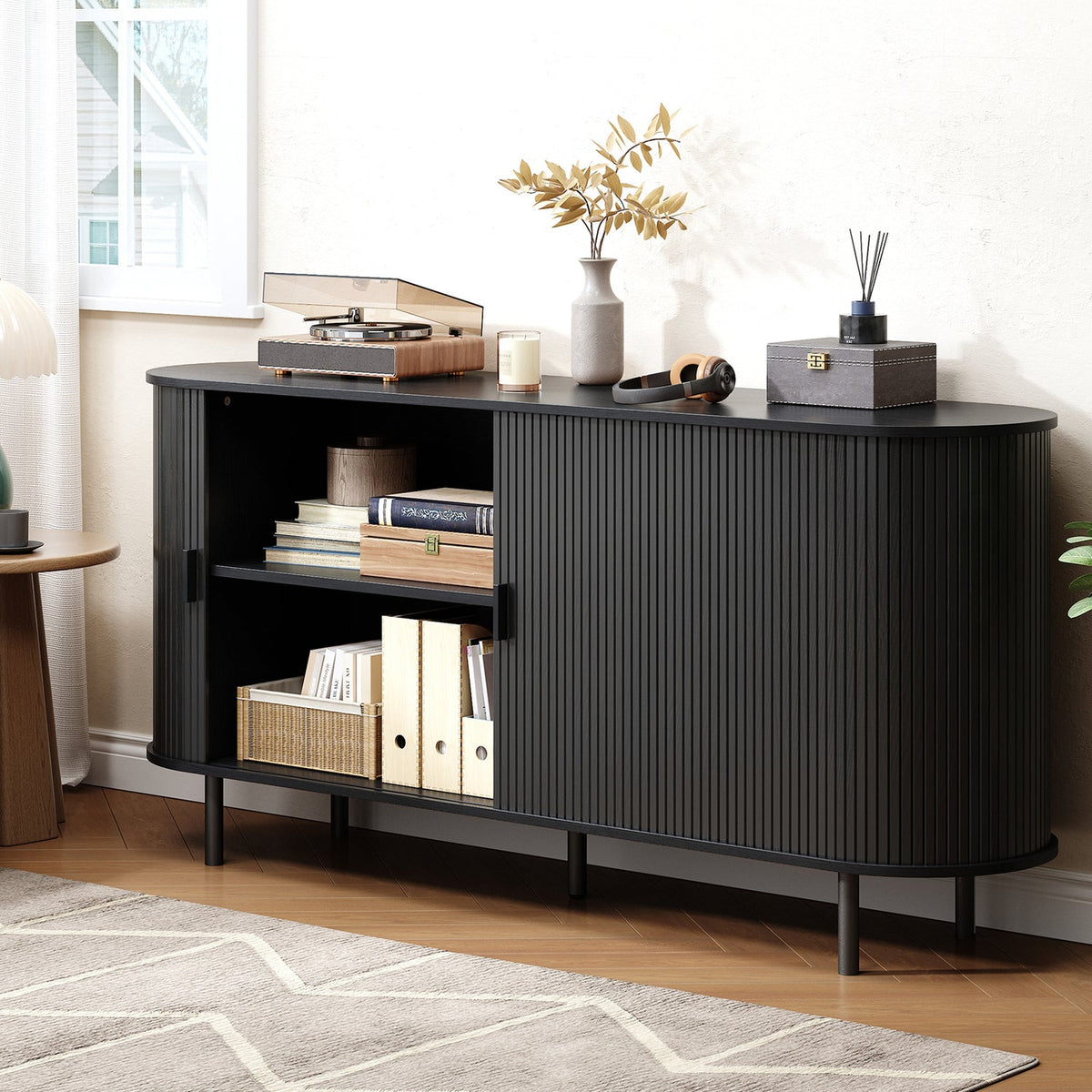63 Inch Fluted Buffet Sideboard Coffee Bar Cabinet