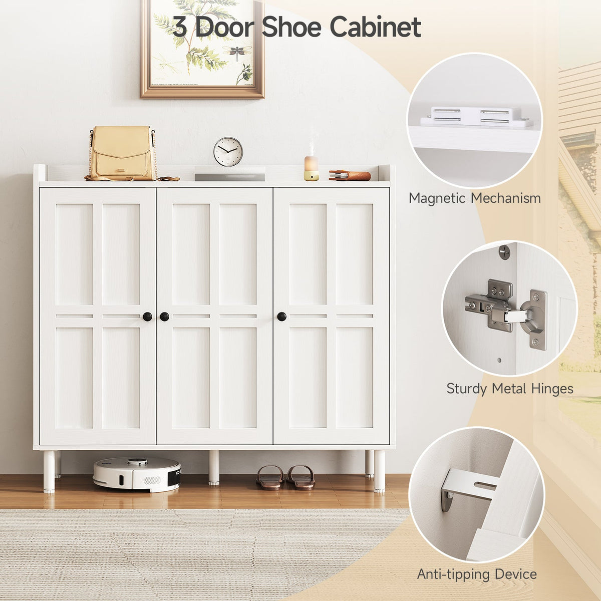 Freestanding Shoe Cabinet with 3 Doors and Shelves