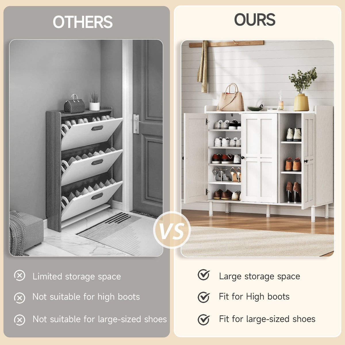 Freestanding Shoe Cabinet with 3 Doors and Shelves