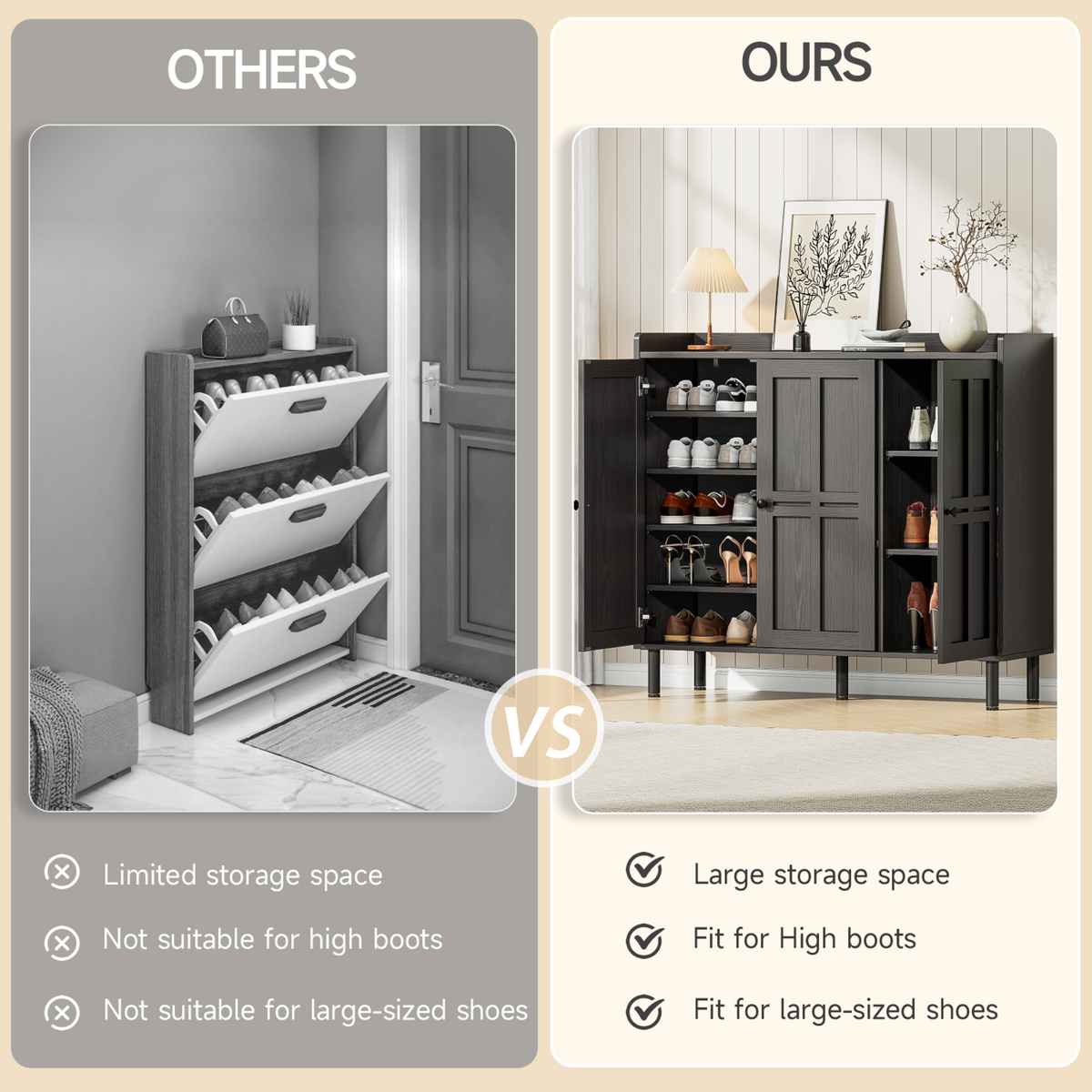 Freestanding Shoe Cabinet with 3 Doors and Shelves