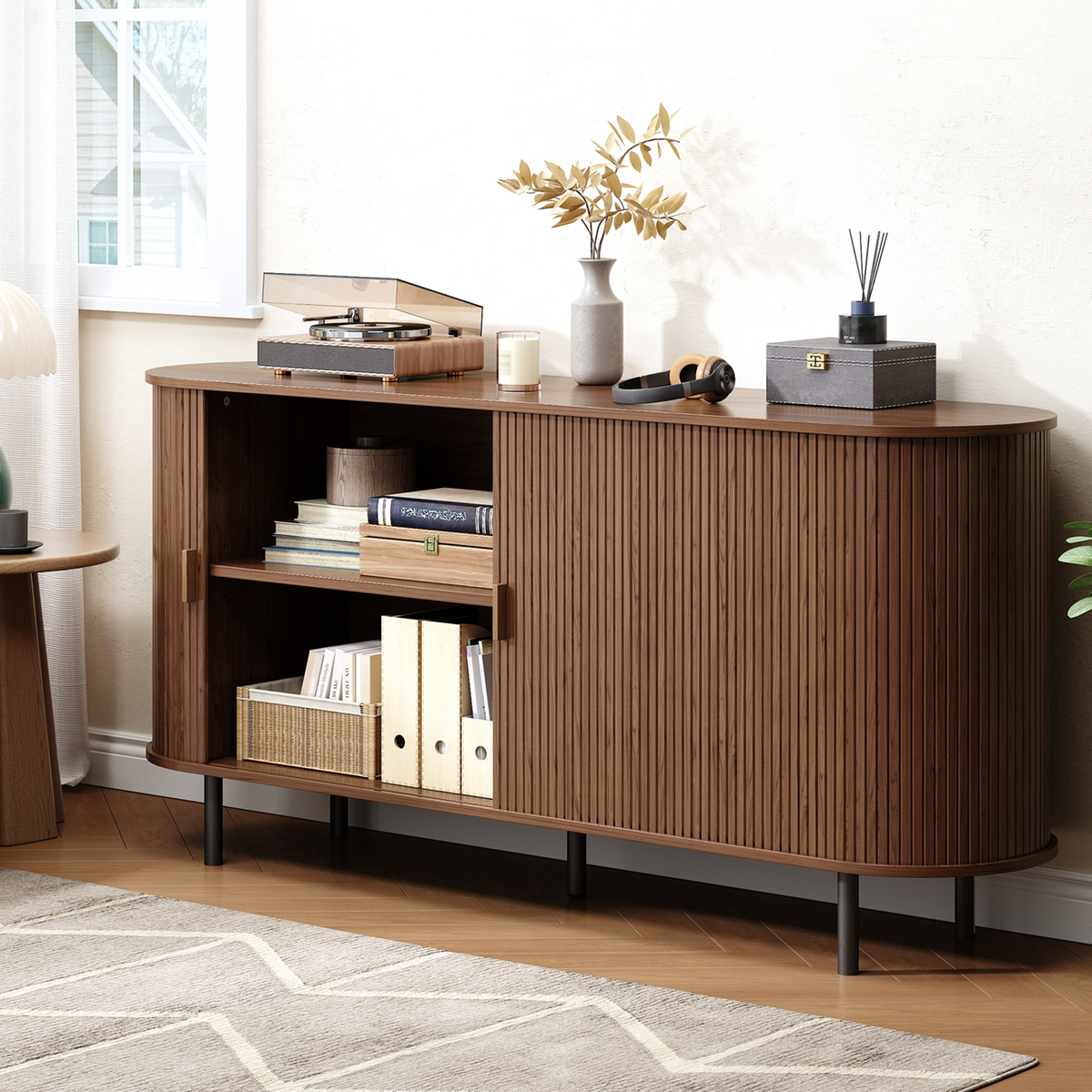 63 Inch Fluted Buffet Sideboard Coffee Bar Cabinet