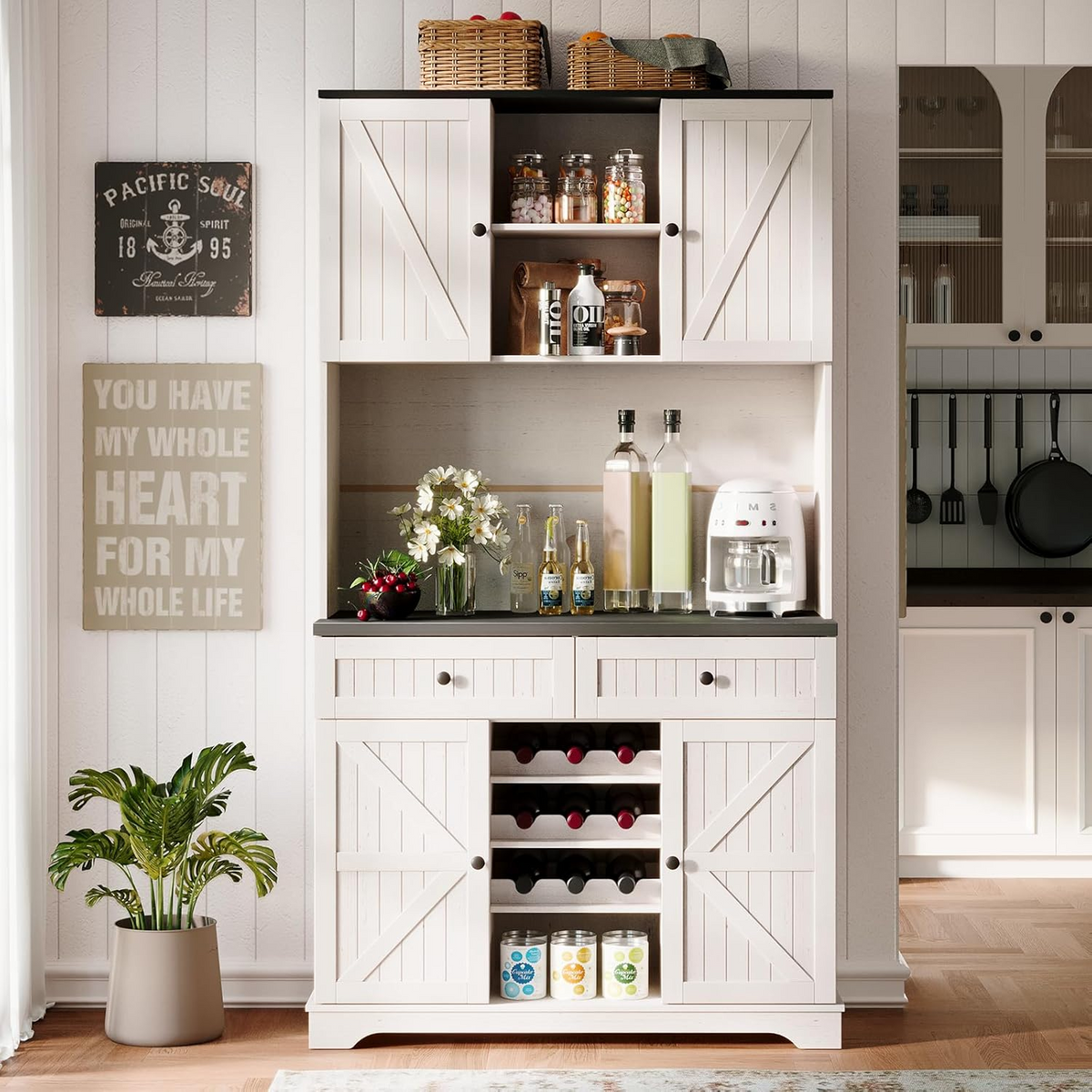 71" Kitchen Cabinet with Drawers and Wine Rack