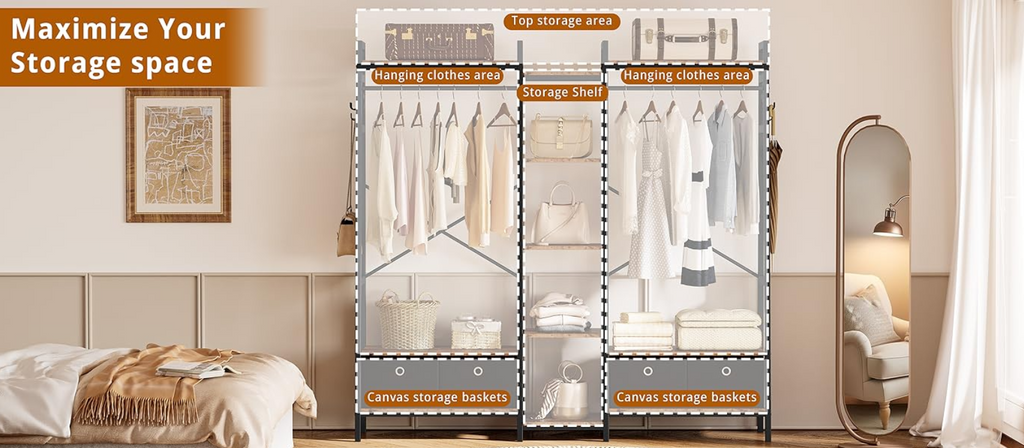 Industrial Closet Rack with Hanging Rods and 4 Drawers