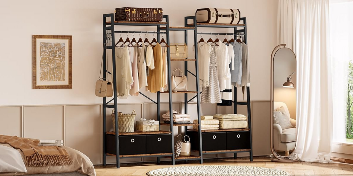Industrial Closet Rack with Hanging Rods and 4 Drawers