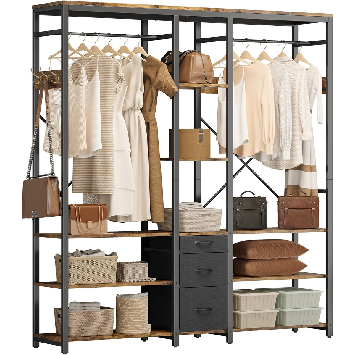 Industrial Garment Rack with 3 Drawers and Shelves
