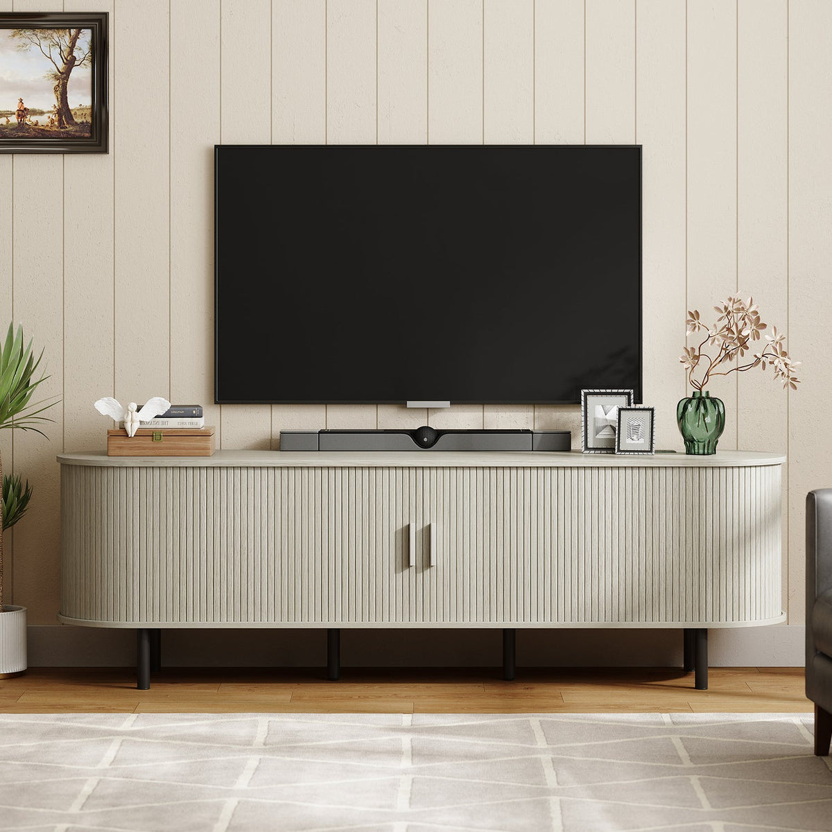 70 Inch TV Stand with Sliding Doors and Power Outlet