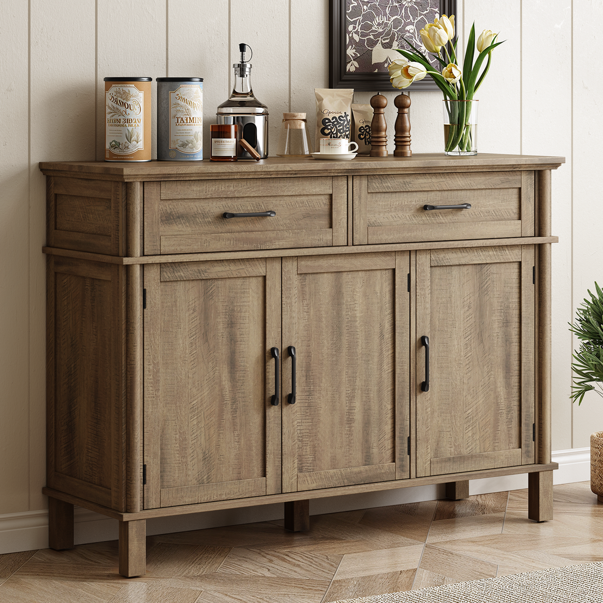 Wood Buffet Sideboard with 2 Drawers and 3 Doors