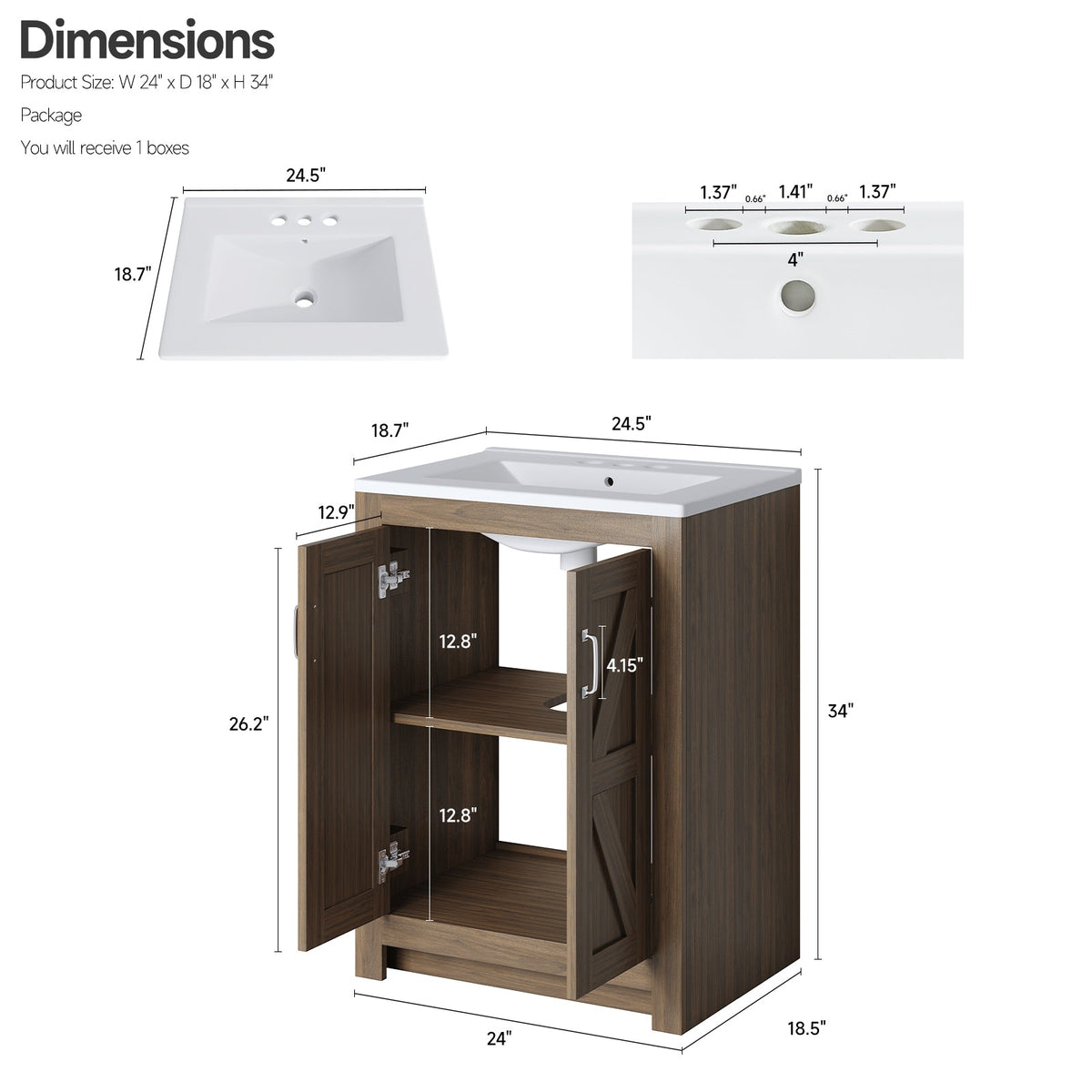 24-Inch Farmhouse Bathroom Vanity with Sink, 2 Doors