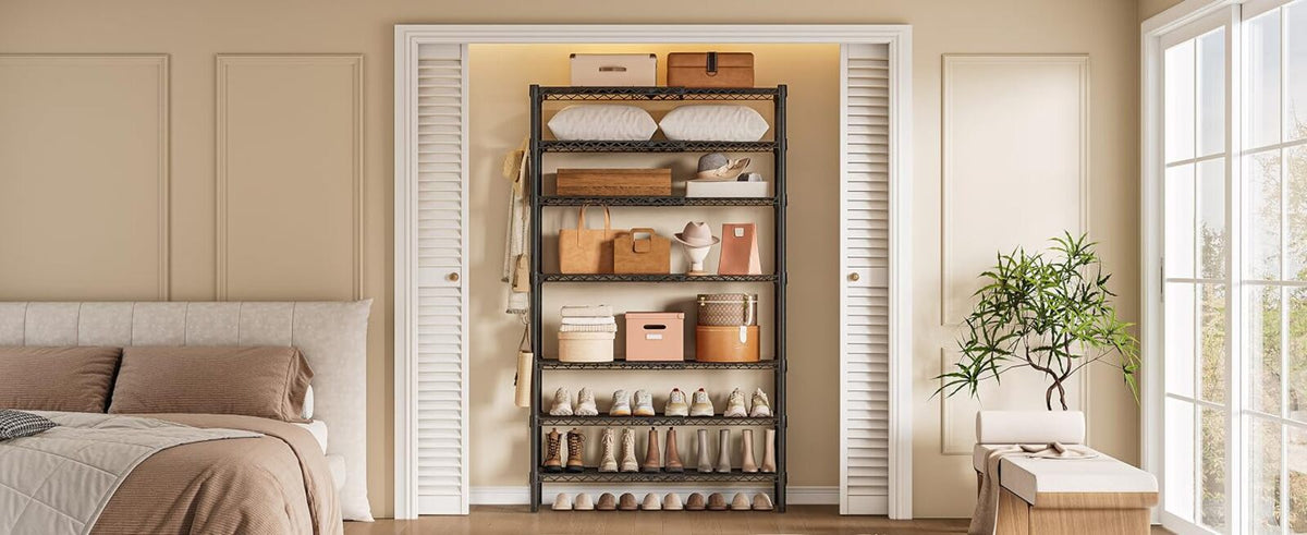 Expandable Metal Shoe Rack with 4 Hooks and 8 Shelves