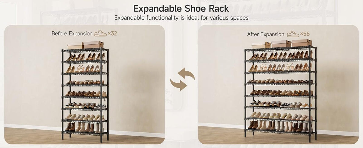 Expandable Metal Shoe Rack with 4 Hooks and 8 Shelves