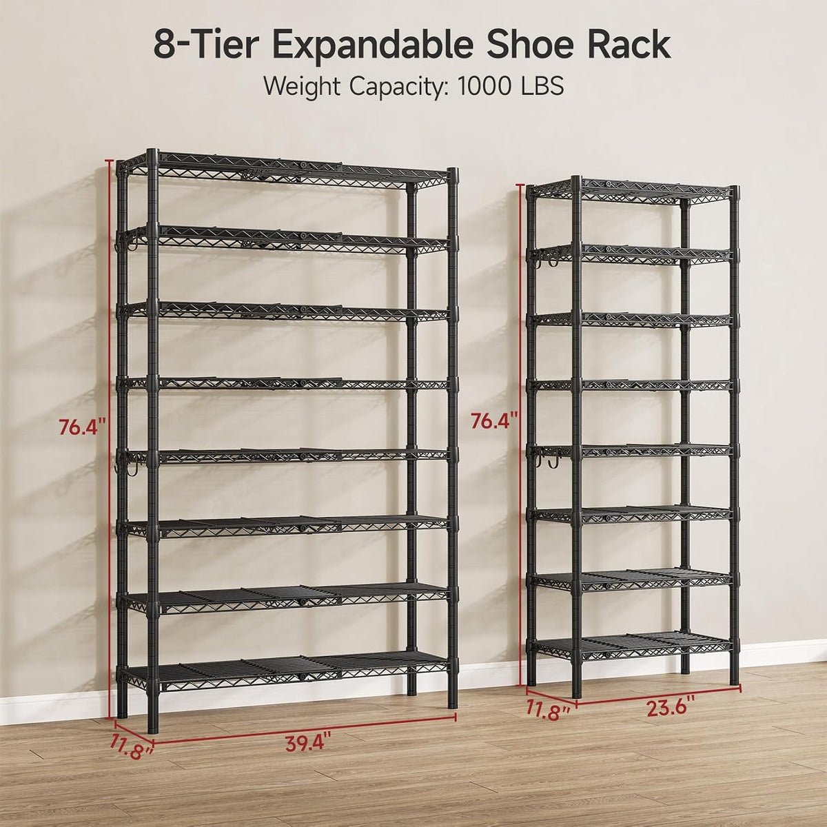 Expandable Metal Shoe Rack with 4 Hooks and 8 Shelves