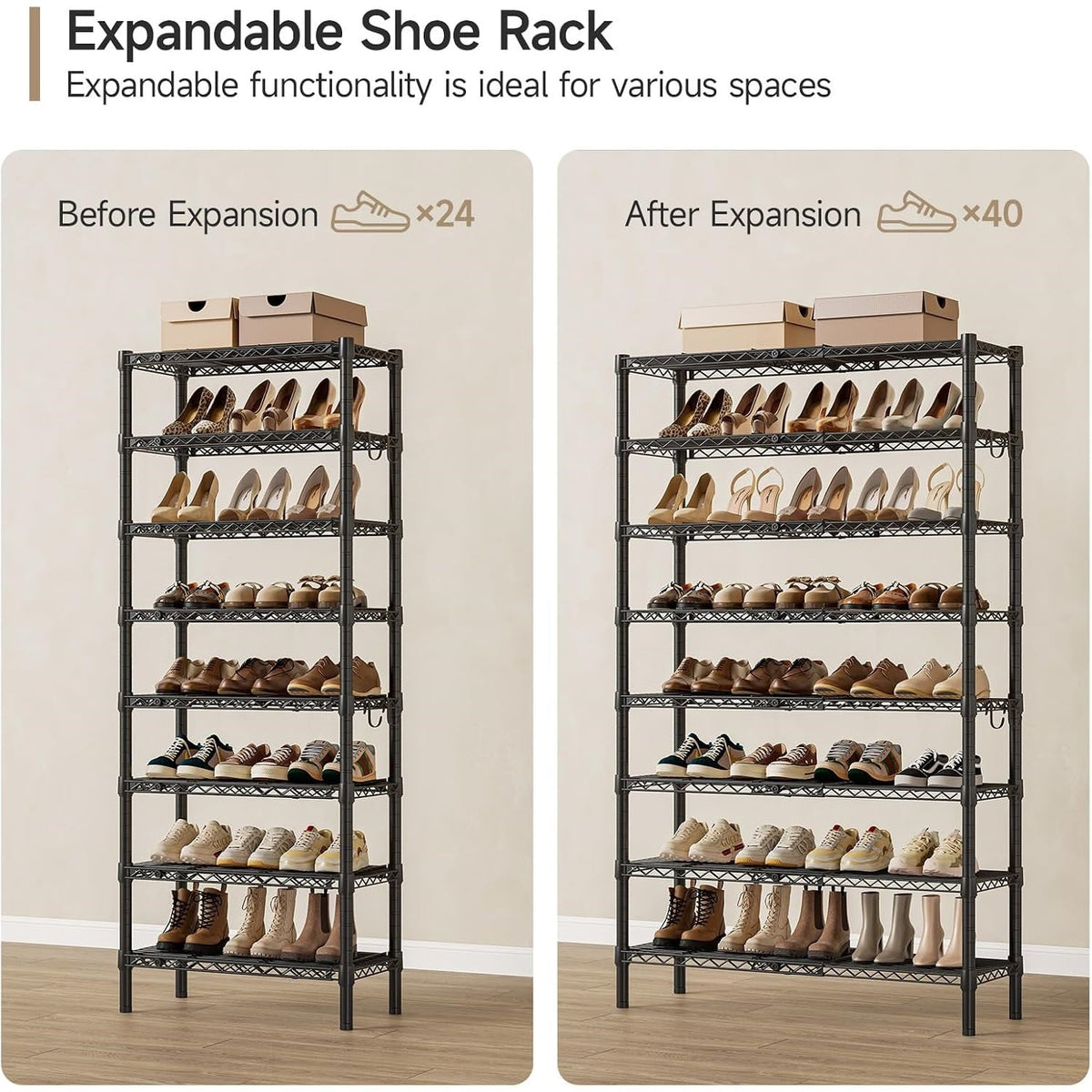 Expandable Metal Shoe Rack with 4 Hooks and 8 Shelves