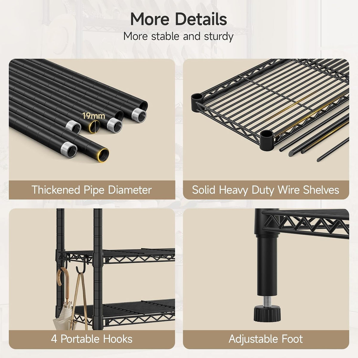Expandable Metal Shoe Rack with 4 Hooks and 8 Shelves