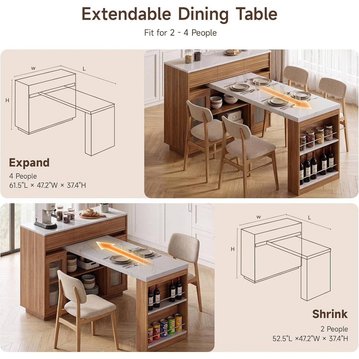 51-61 Inch Extendable Kitchen Island with Table