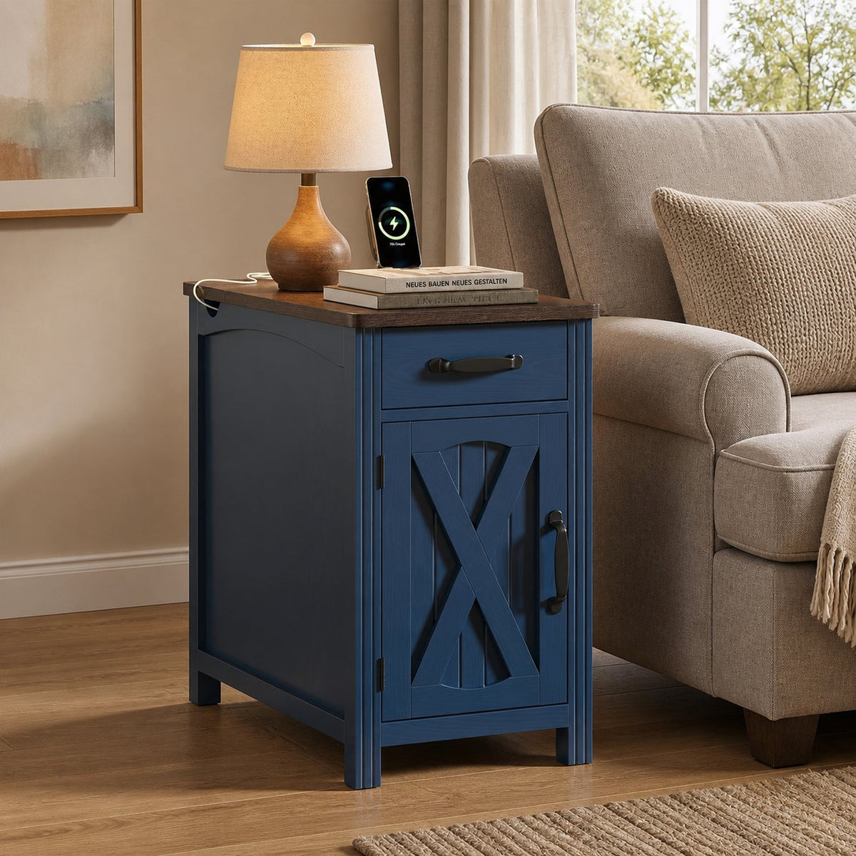 Farmhouse End Table with Hidden Charging Station