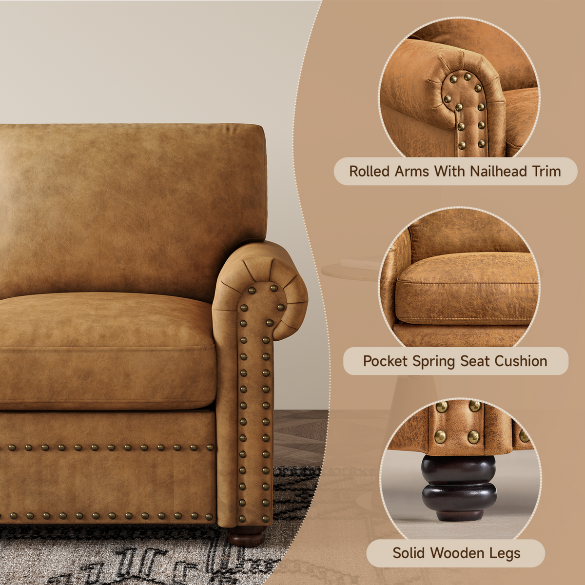 84 Inch Faux Leather 3-Seater Sofa