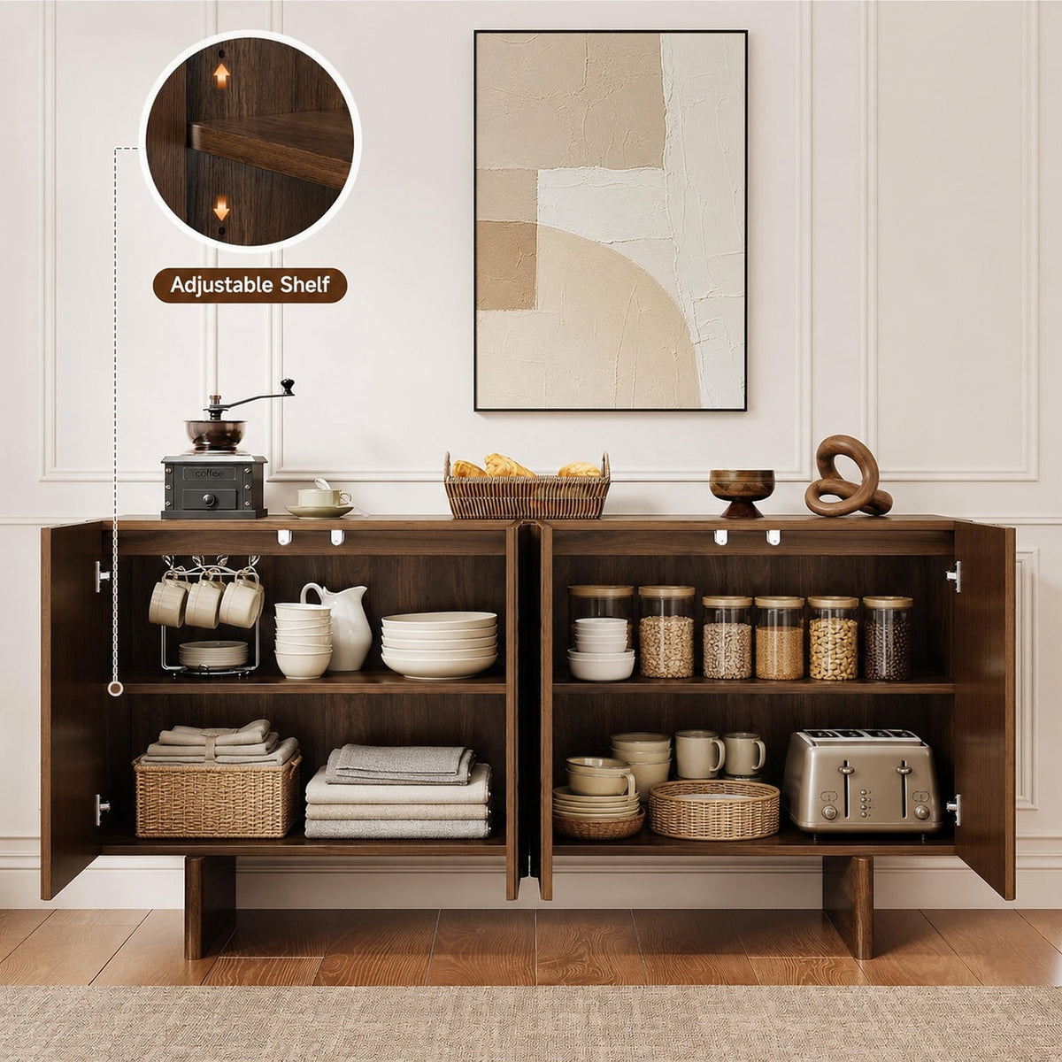 63-Inch Fluted Sideboard Buffet Cabinet with 4 Doors