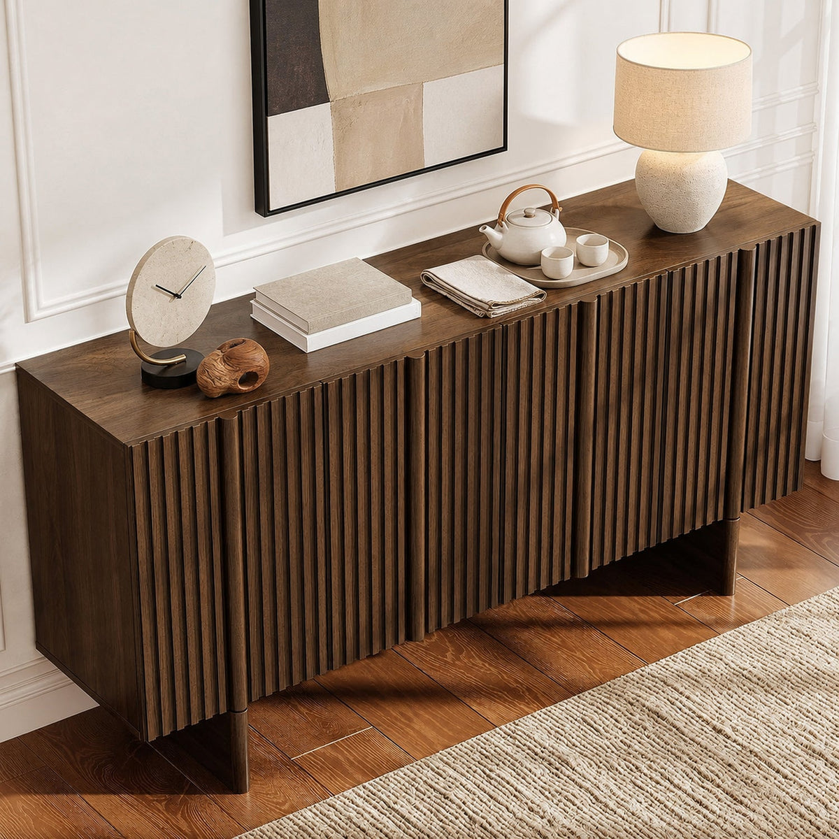 63-Inch Fluted Sideboard Buffet Cabinet with 4 Doors