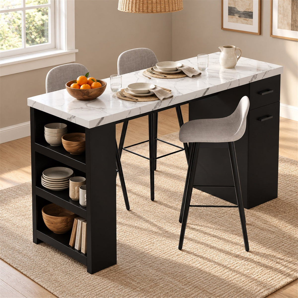 59-Inch Kitchen Island Table with Pull-Out Basket