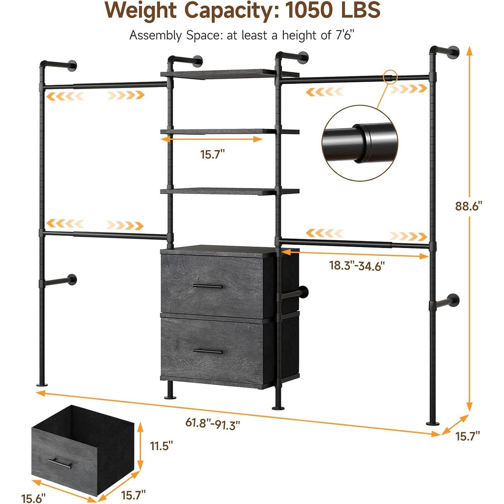 Closet Organizer System with Drawers and Rods