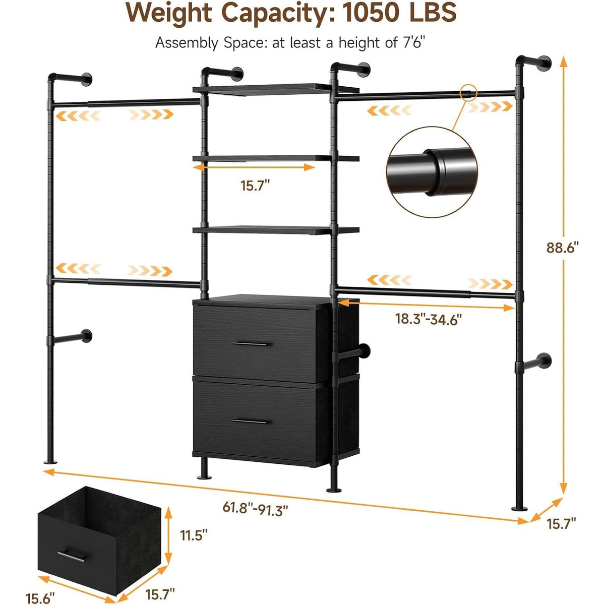 Closet Organizer System with Drawers and Rods