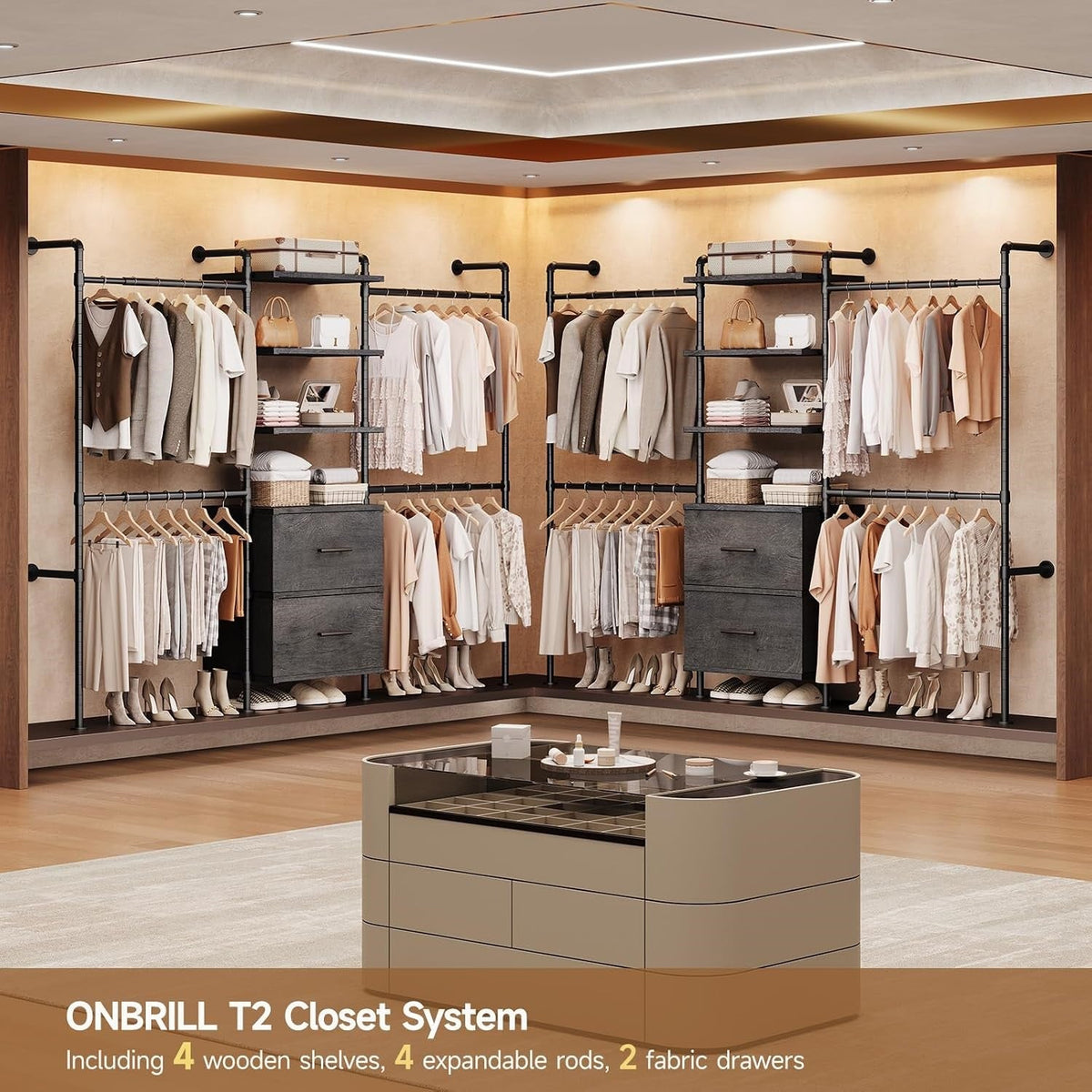 Closet Organizer System with Drawers and Rods
