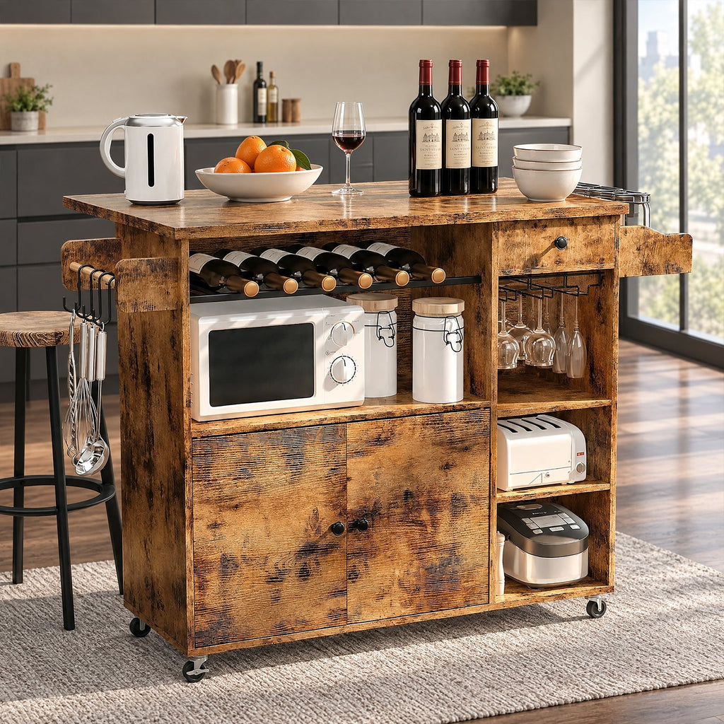 Industrial Rolling Kitchen Island with Wine Rack