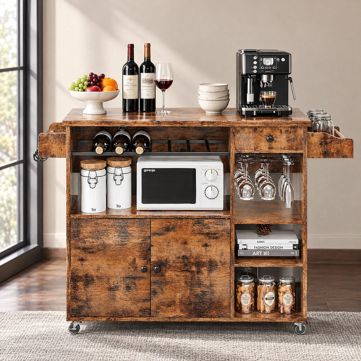 Industrial Rolling Kitchen Island with Wine Rack