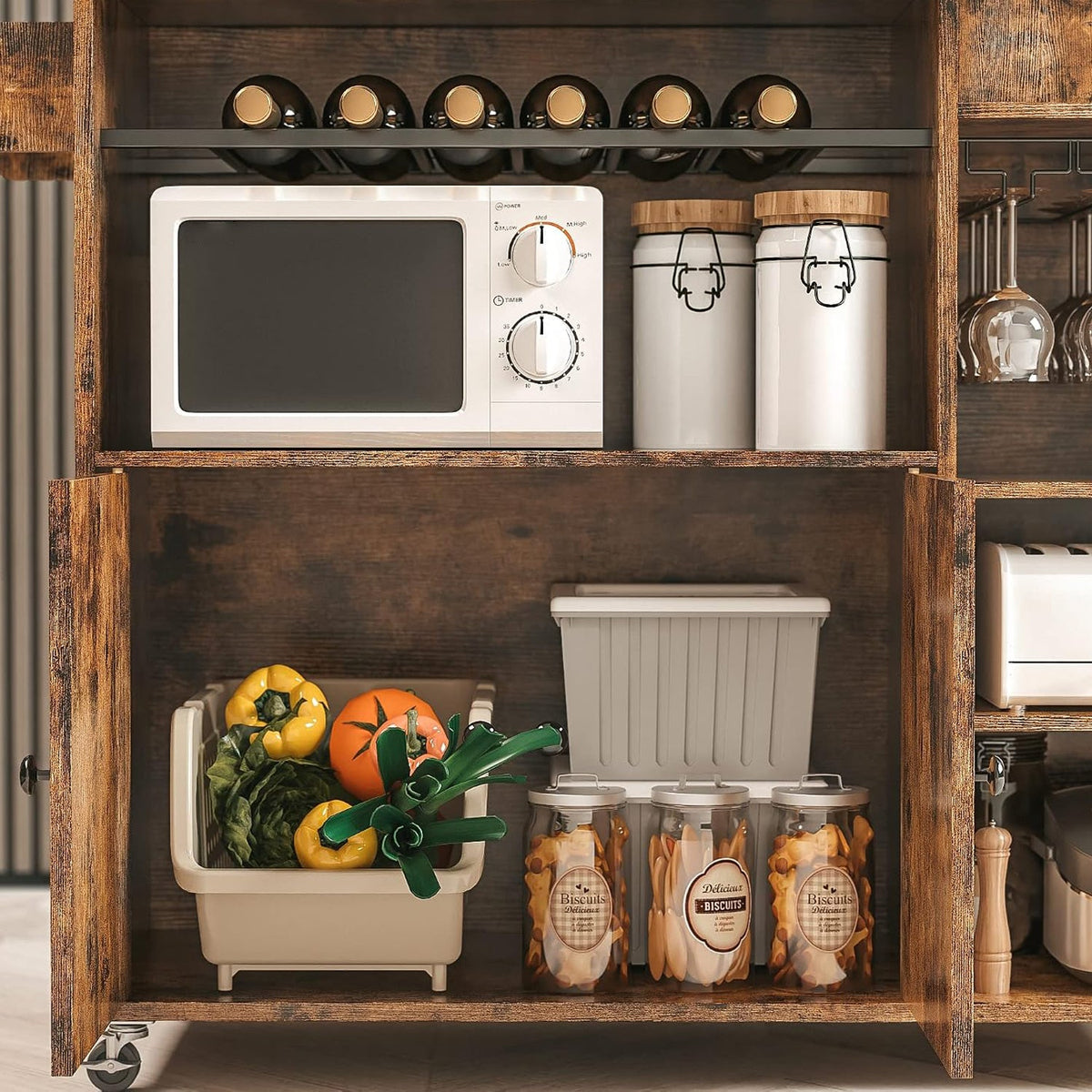 Industrial Rolling Kitchen Island with Wine Rack