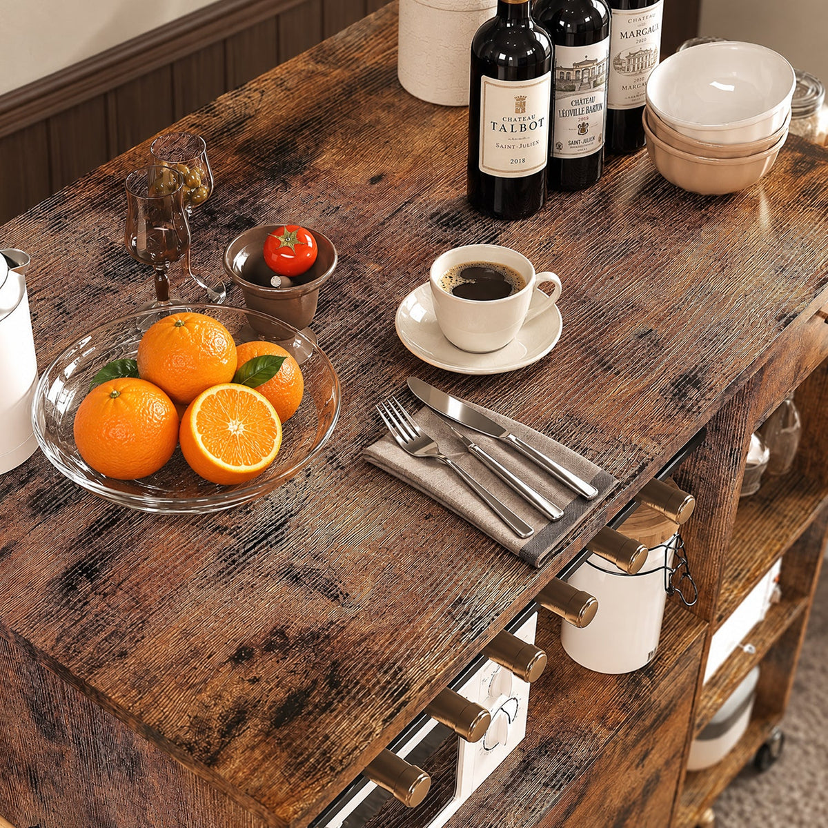 Industrial Rolling Kitchen Island with Wine Rack
