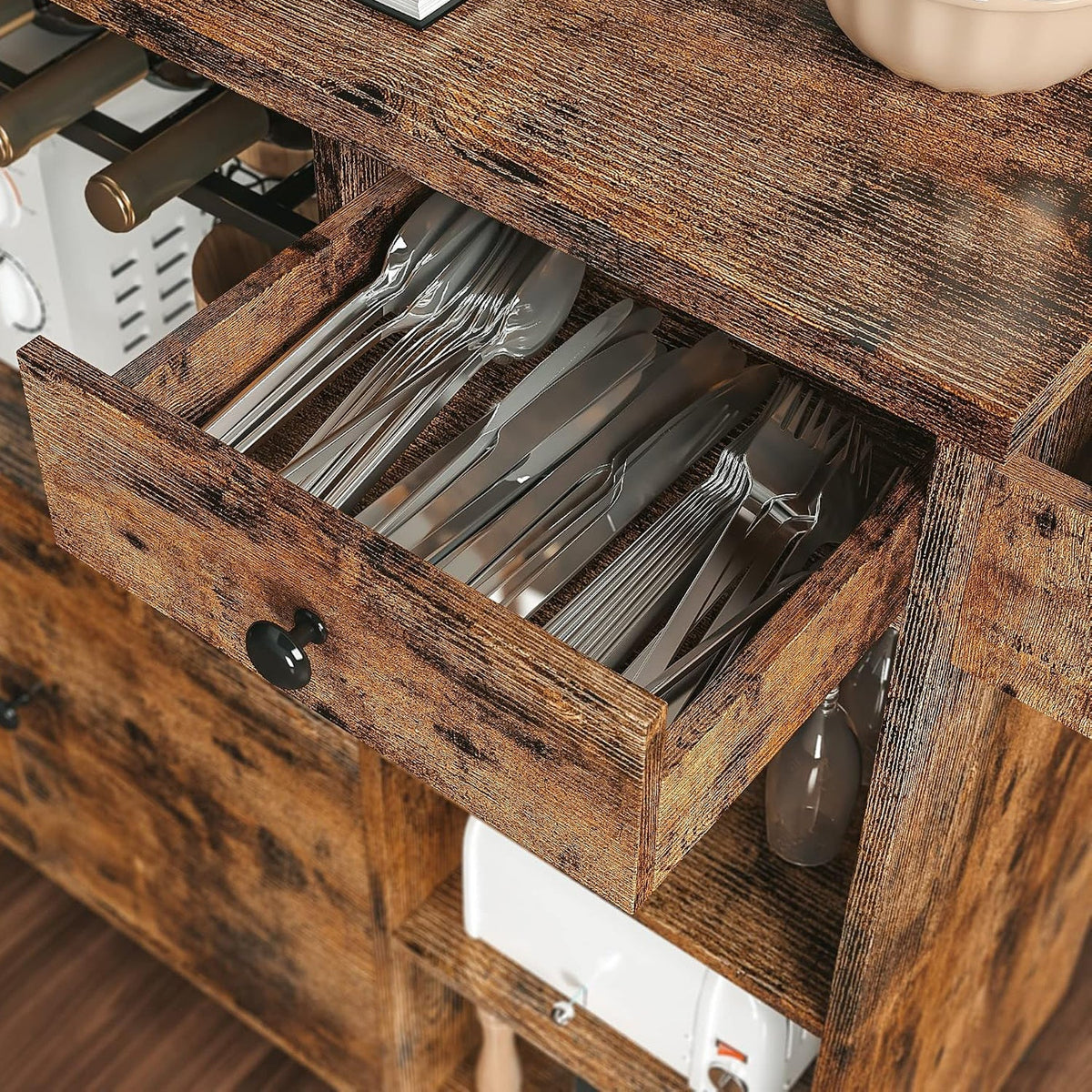 Industrial Rolling Kitchen Island with Wine Rack
