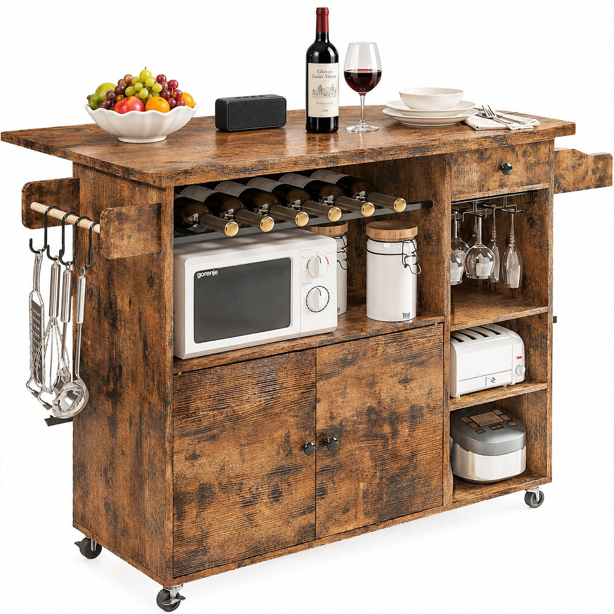 Industrial Rolling Kitchen Island with Wine Rack