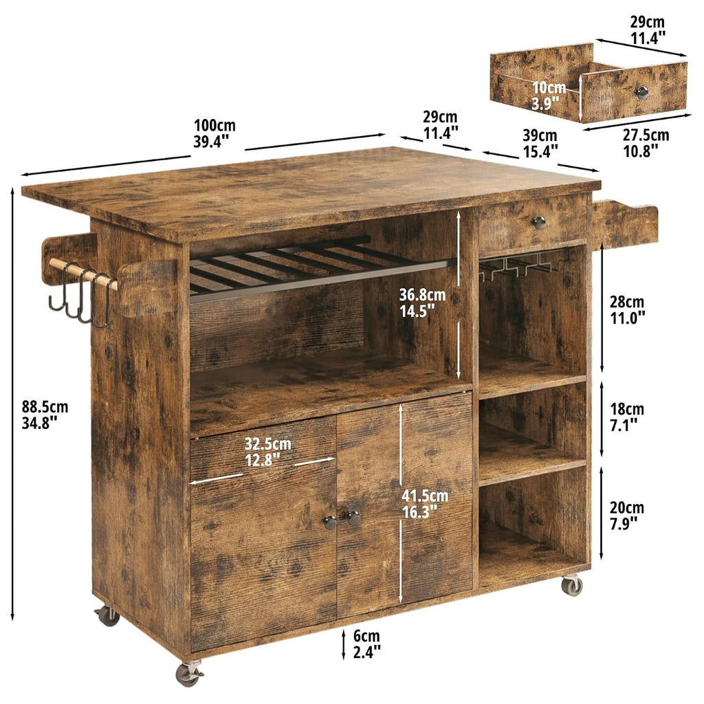 Industrial Rolling Kitchen Island with Wine Rack