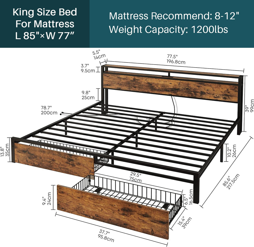 Storage Headboard Bed Frame with Charging Station