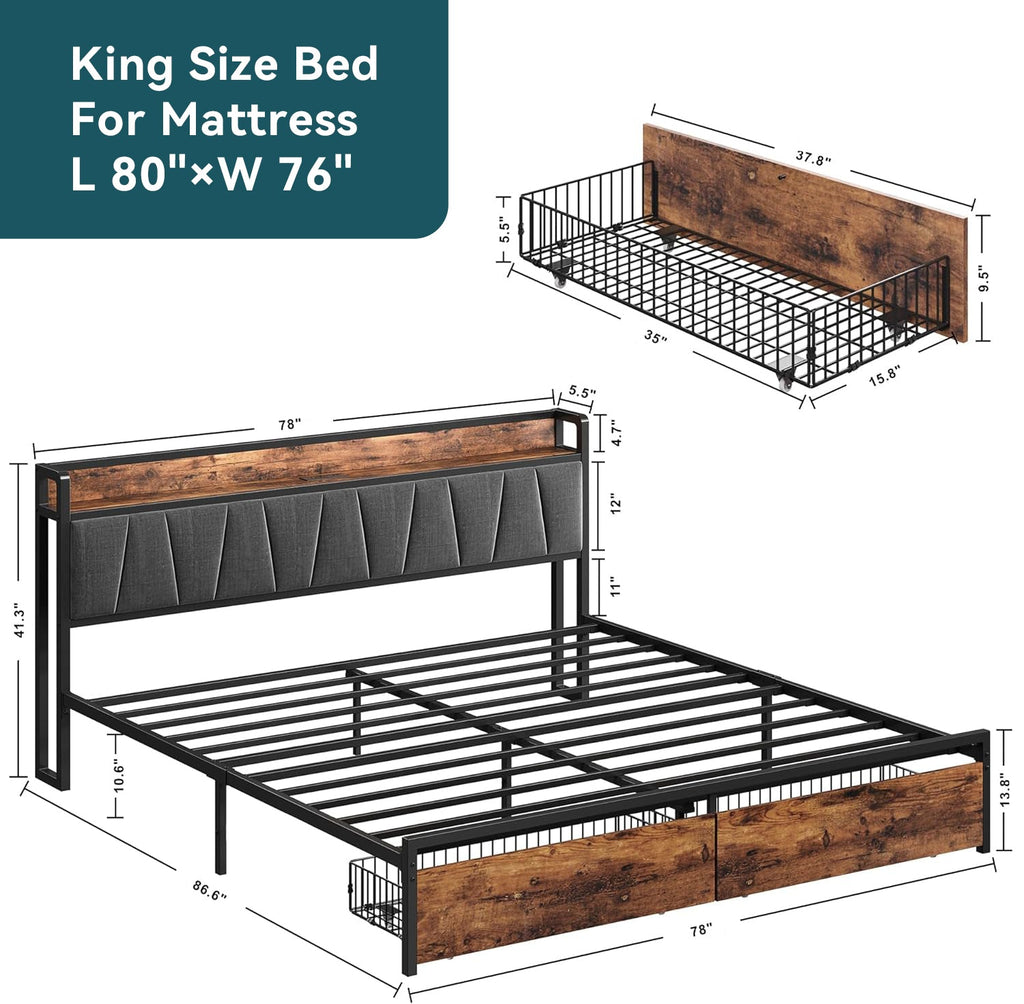 Platform Bed with Storage Headboard and Charging Station
