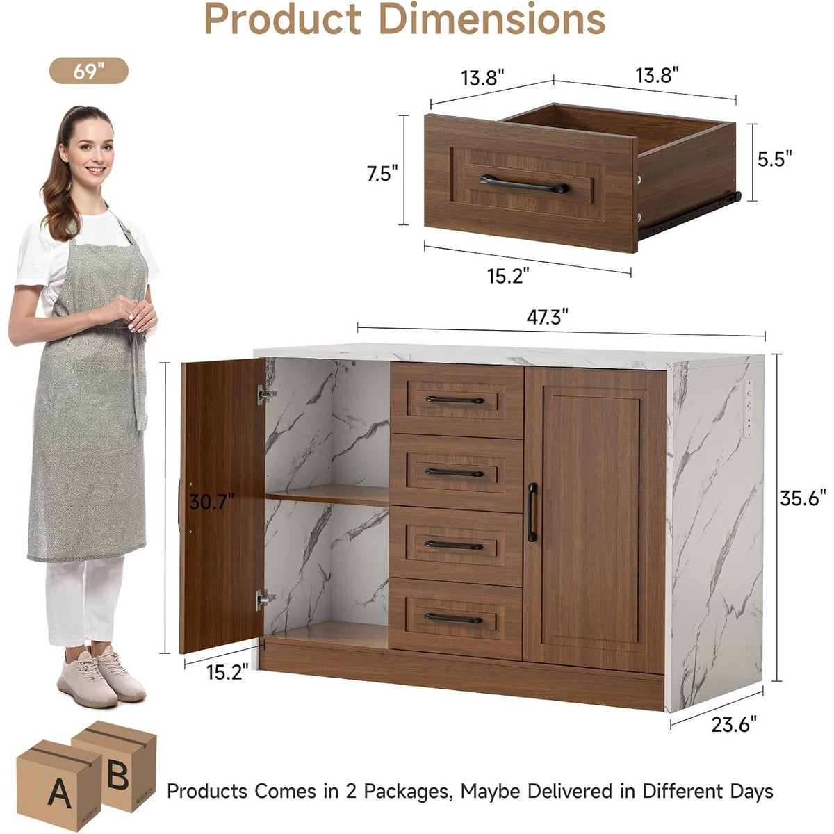 47-Inch Kitchen Island Dining Table with 4 Drawers