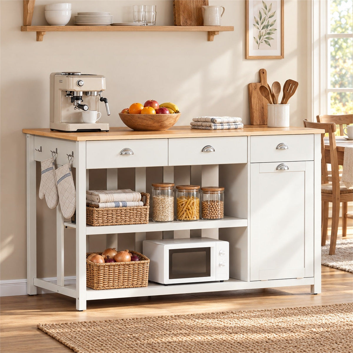 59-Inch Kitchen Island with Trash Cabinet and Outlet