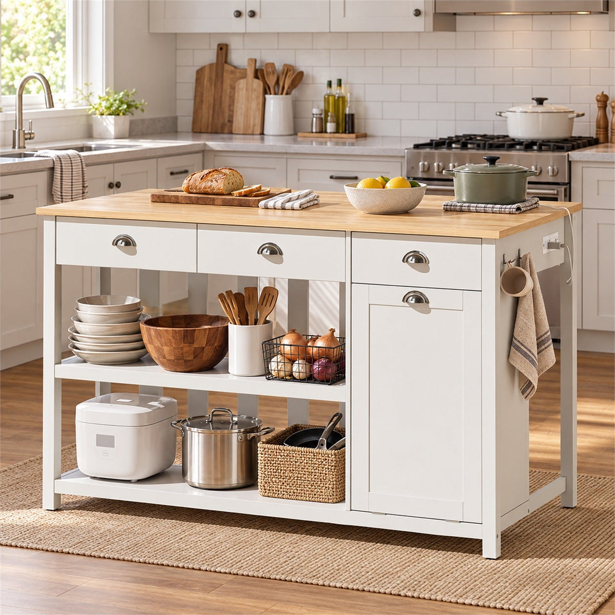 59-Inch Kitchen Island with Trash Cabinet and Outlet