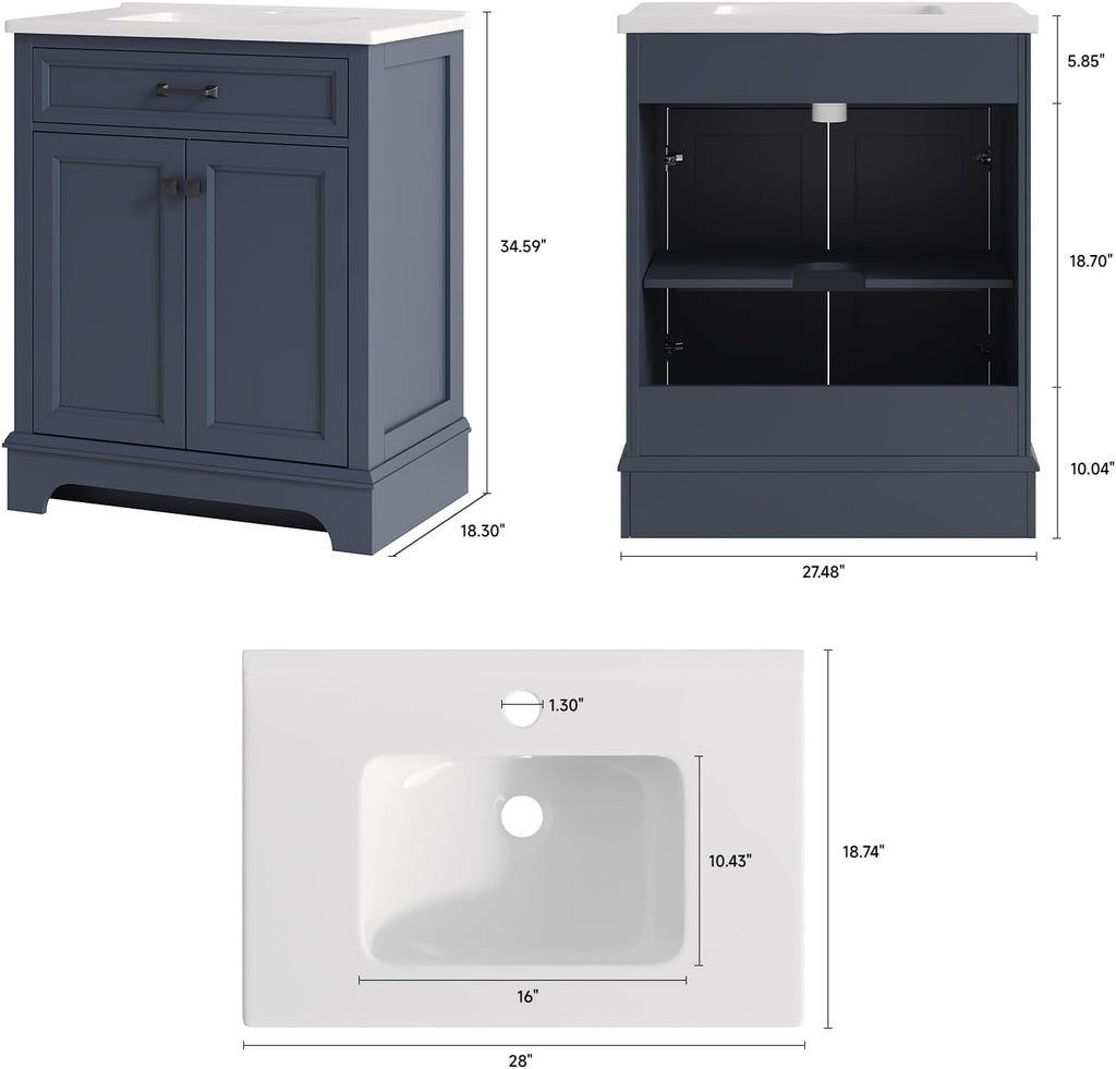 28 Inch Bathroom Vanity with Ceramic Sink and Shelf
