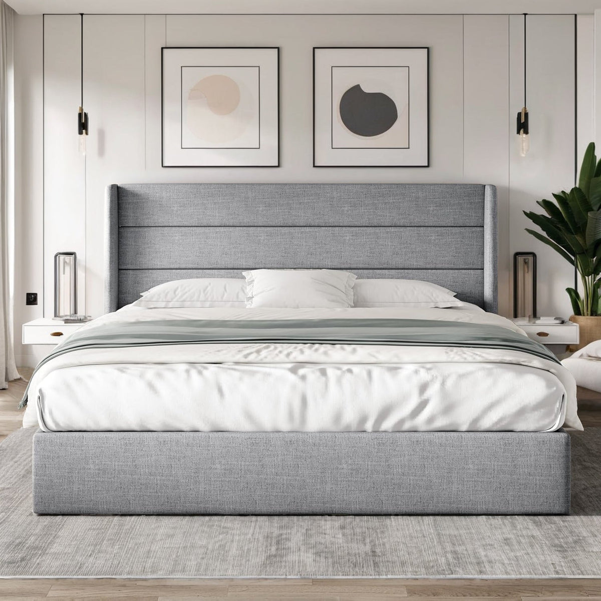 Lift Up Storage Bed Frame with Wingback Headboard
