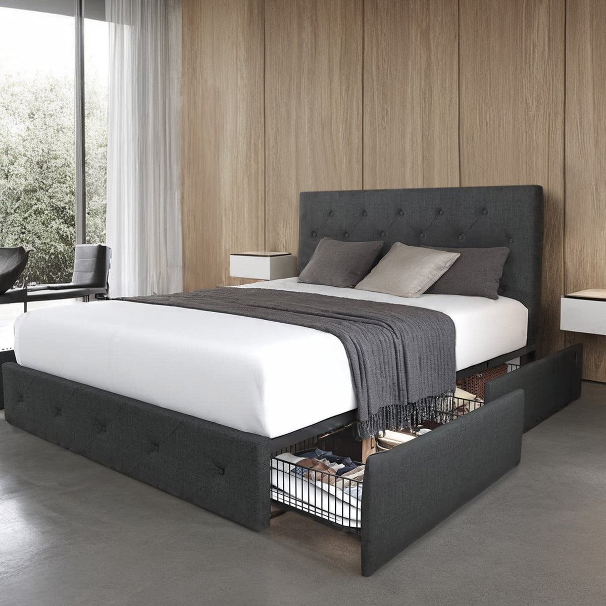 Upholstered Bed Frame with 4 Drawers and Headboard