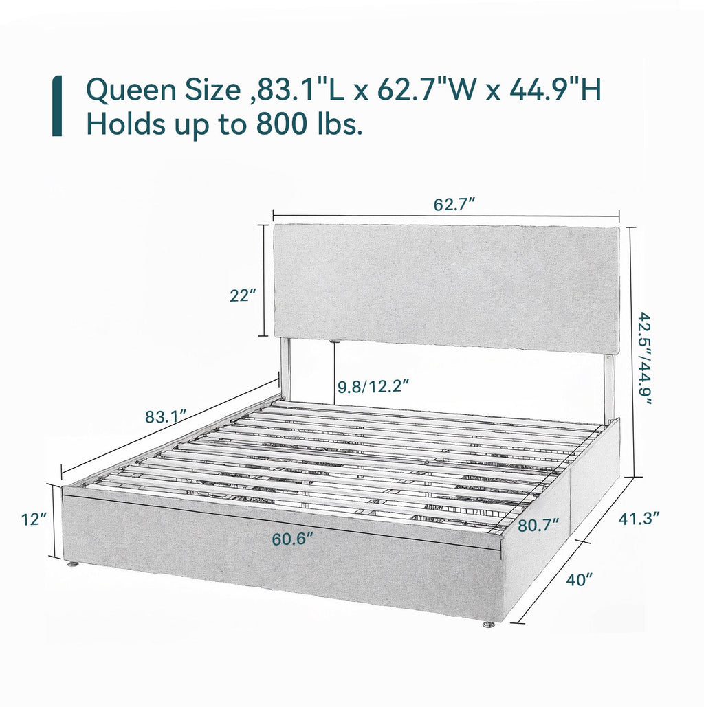 Upholstered Bed Frame with 4 Drawers and Headboard