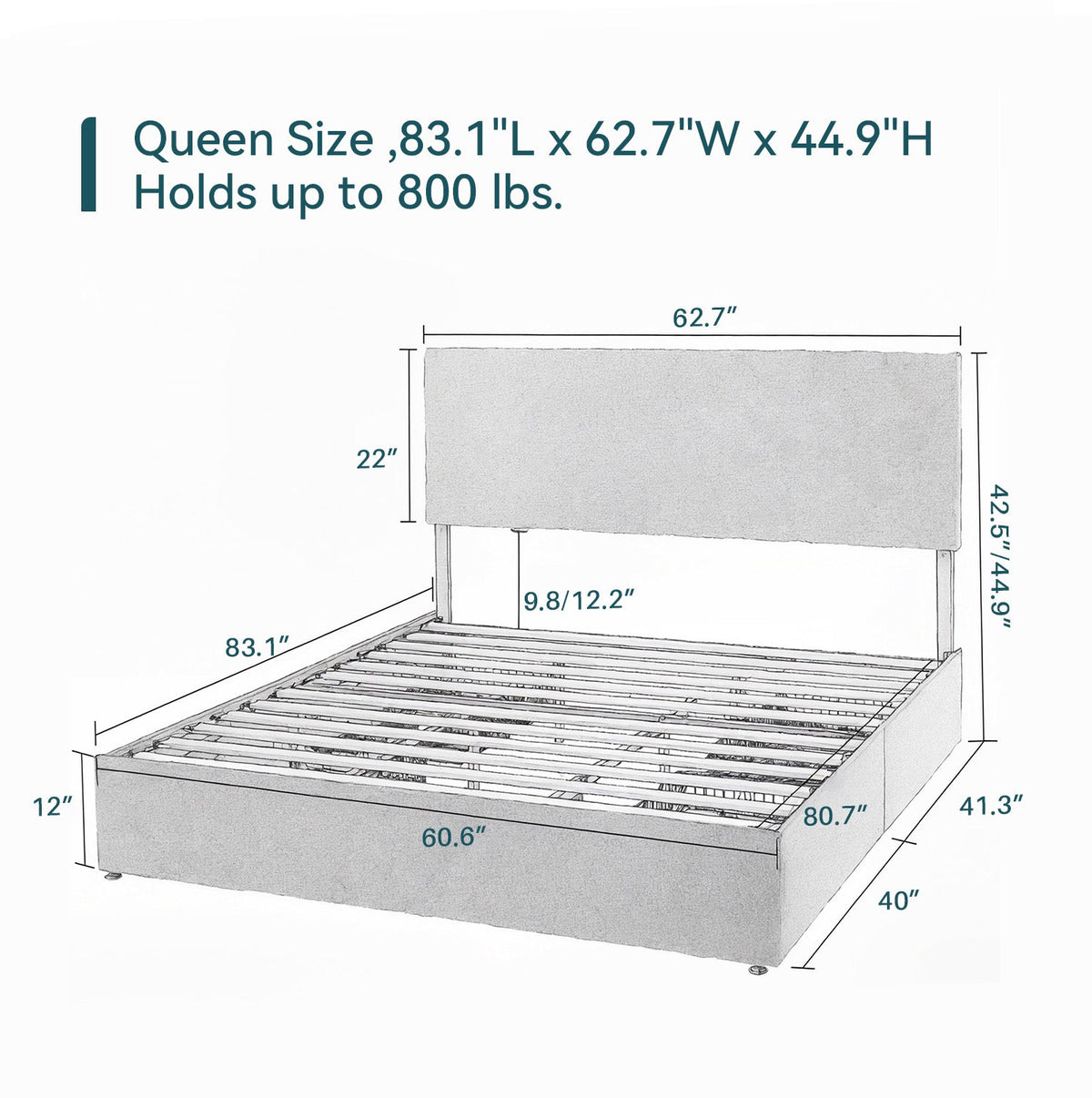 Upholstered Bed Frame with 4 Drawers and Headboard