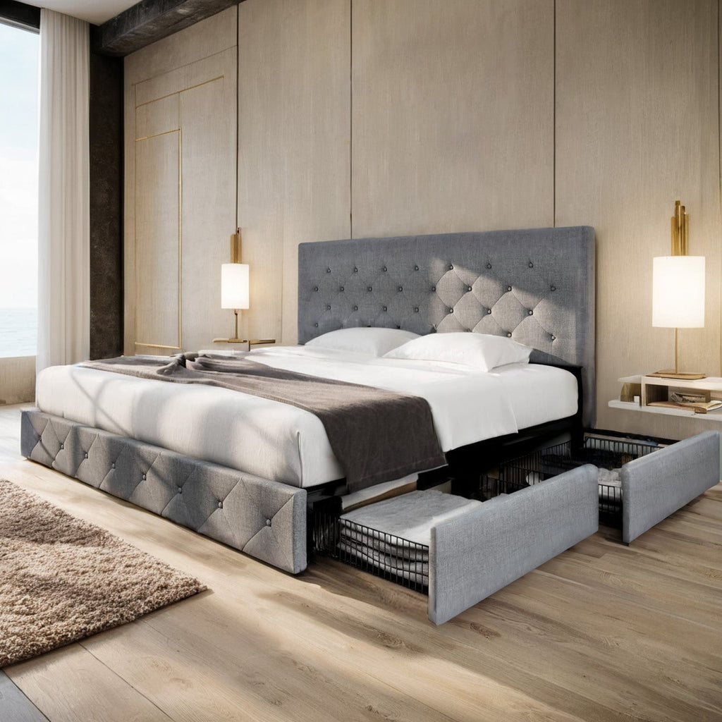 Upholstered Bed Frame with 4 Drawers and Headboard