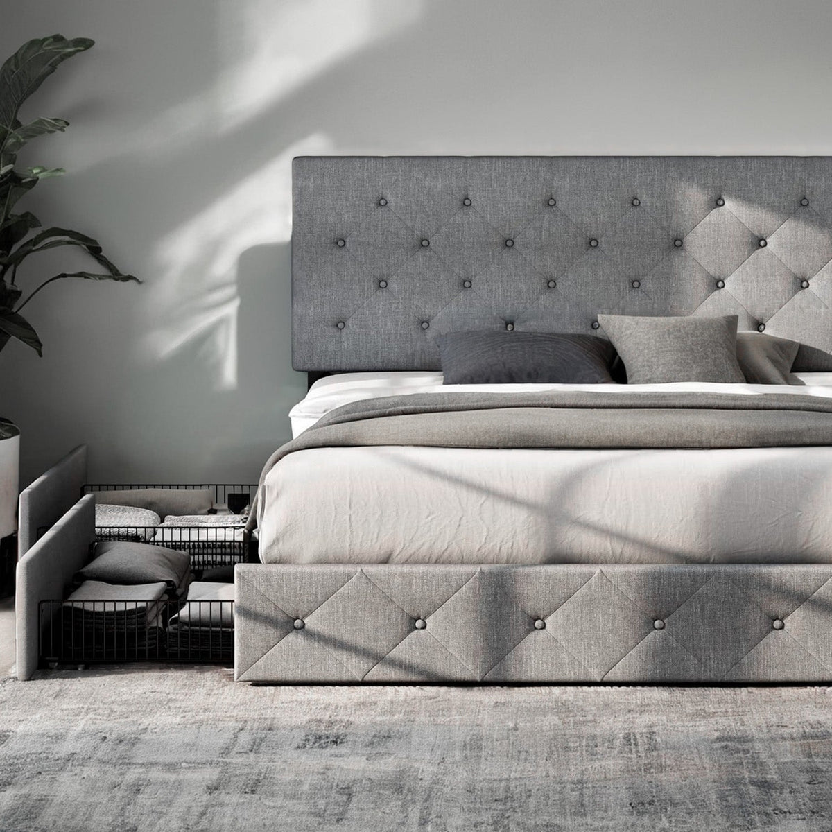 Upholstered Bed Frame with 4 Drawers and Headboard