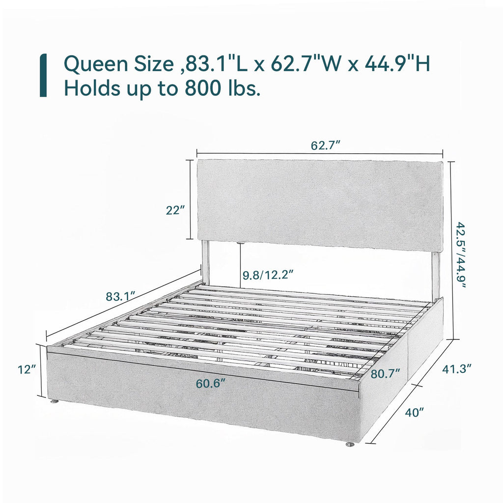 Upholstered Bed Frame with 4 Drawers and Headboard