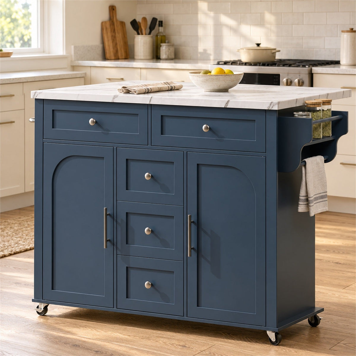 47 Inch Rolling Kitchen Island with Drop Leaf